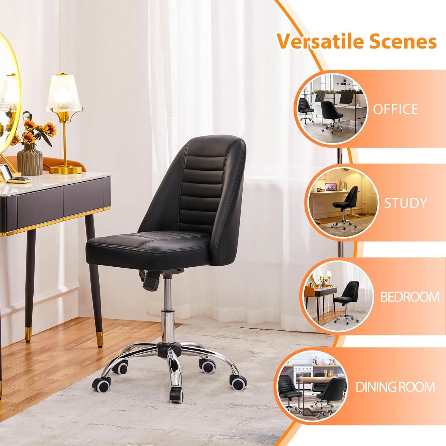 Armless PU Leather Office Chair Adjustable Height Black