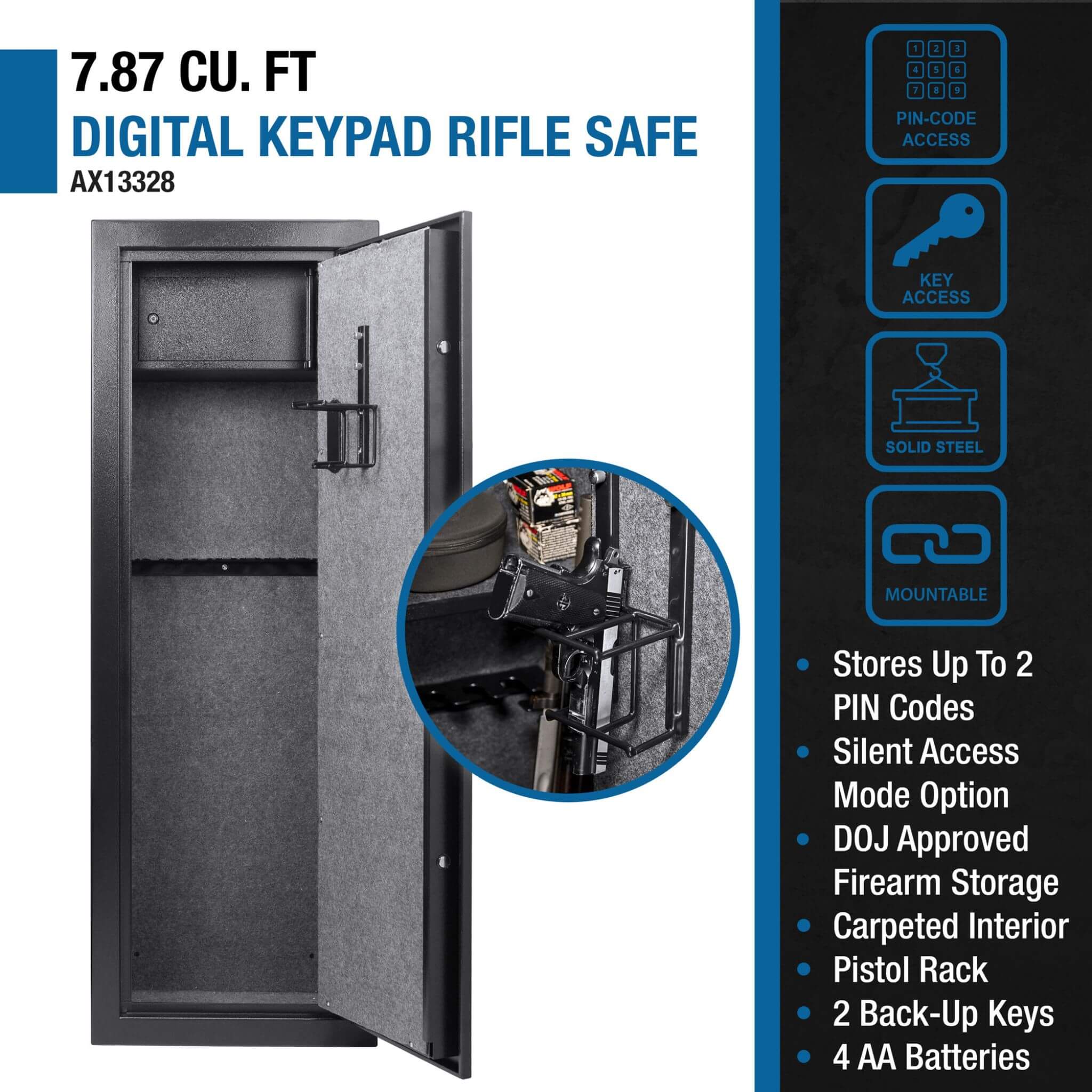 Caja fuerte para armas y rifles extragrande Barska de 7.87 pies cúbicos con teclado electrónico y cierre seguro (SAK18420)