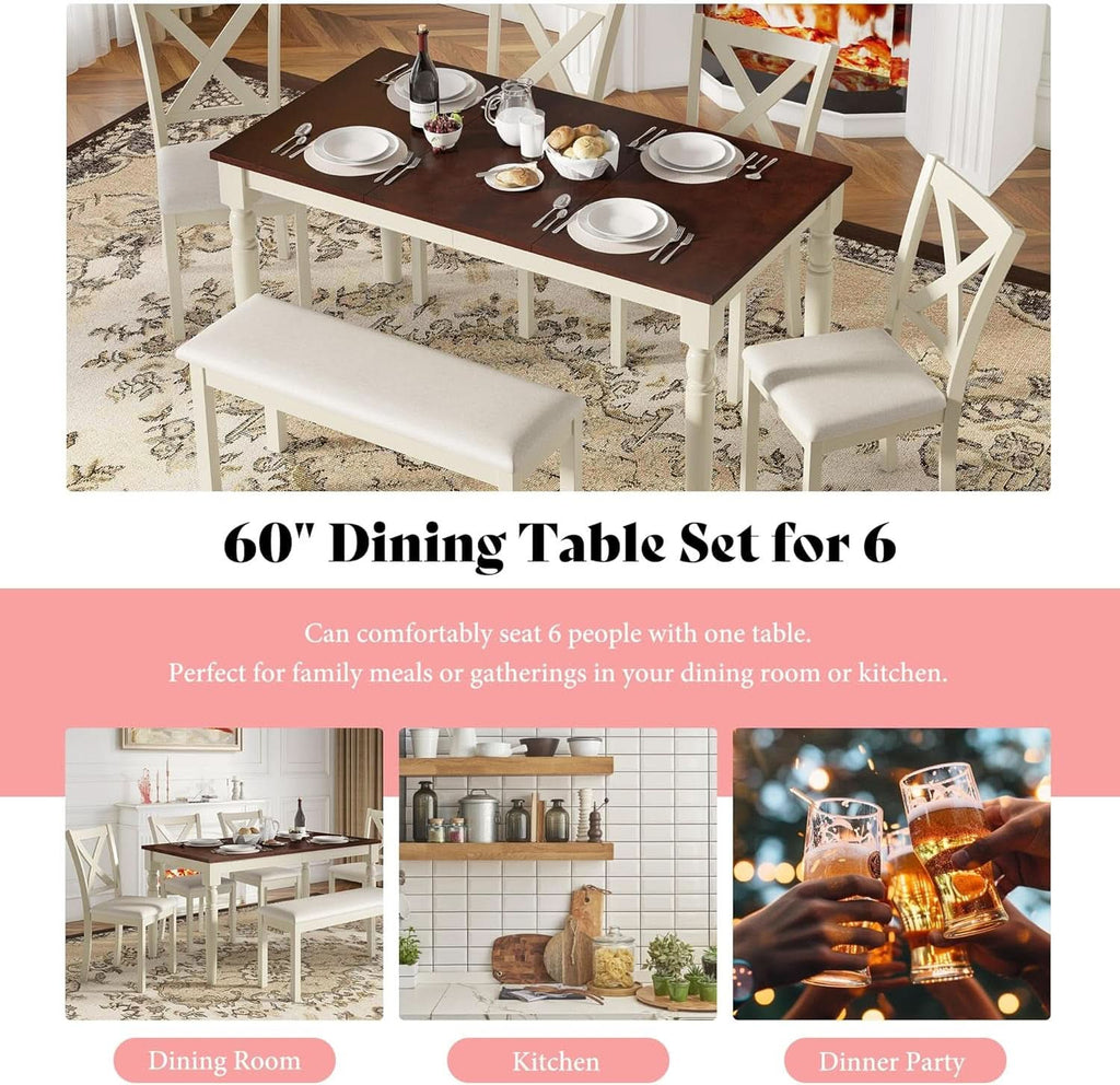 Juego de Mesa de Comedor de Madera Maciza de Nogal de Sesenta Pulgadas con Sillas Tapizadas
