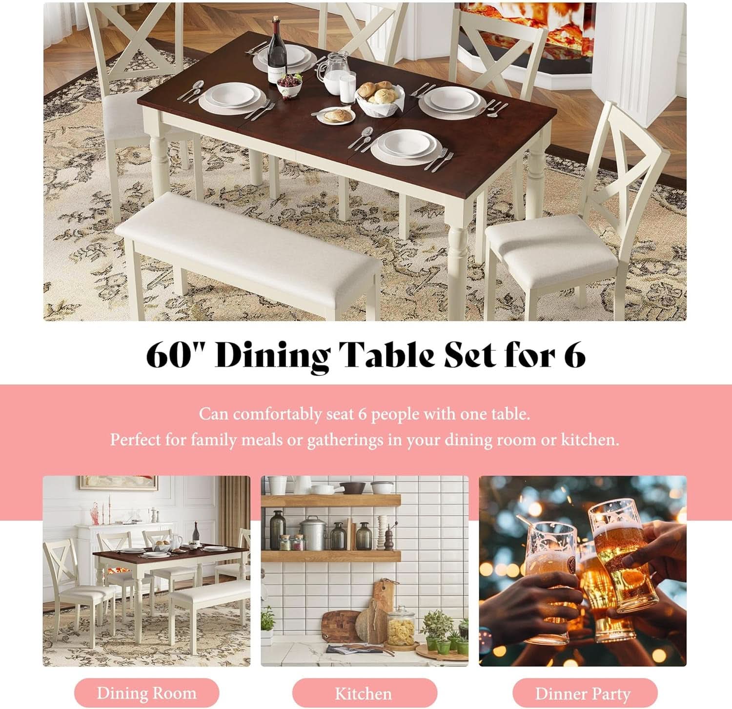Juego de Mesa de Comedor de Madera Maciza de Nogal de Sesenta Pulgadas con Sillas Tapizadas