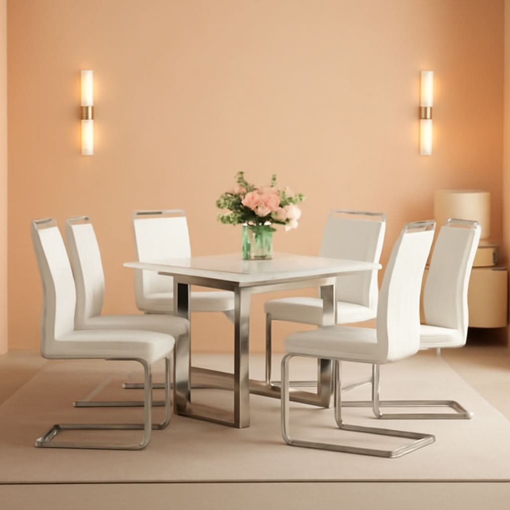 Juego de comedor para seis personas, mesa con tope de mármol blanco de 71 pulgadas y sillas de cuero
