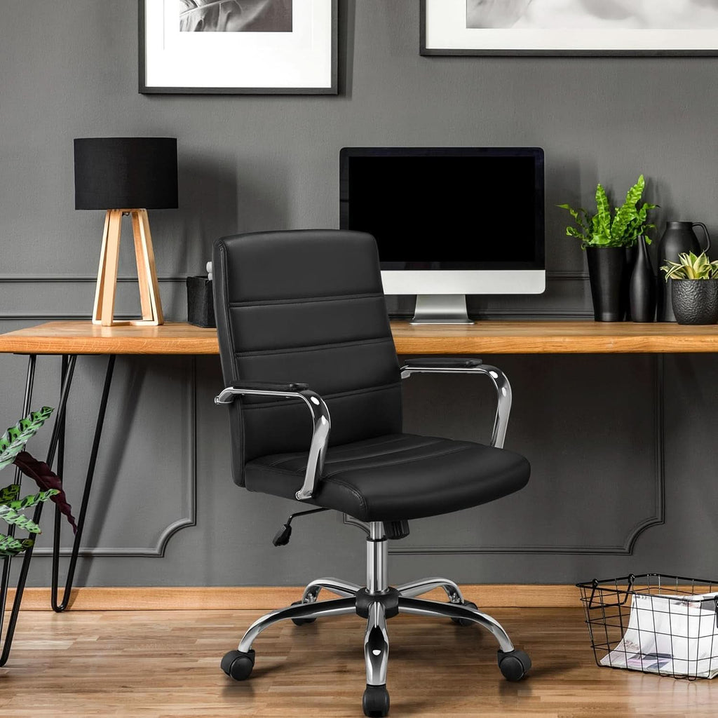 Silla de oficina ergonómica de respaldo medio de cuero sintético negro con soporte lumbar