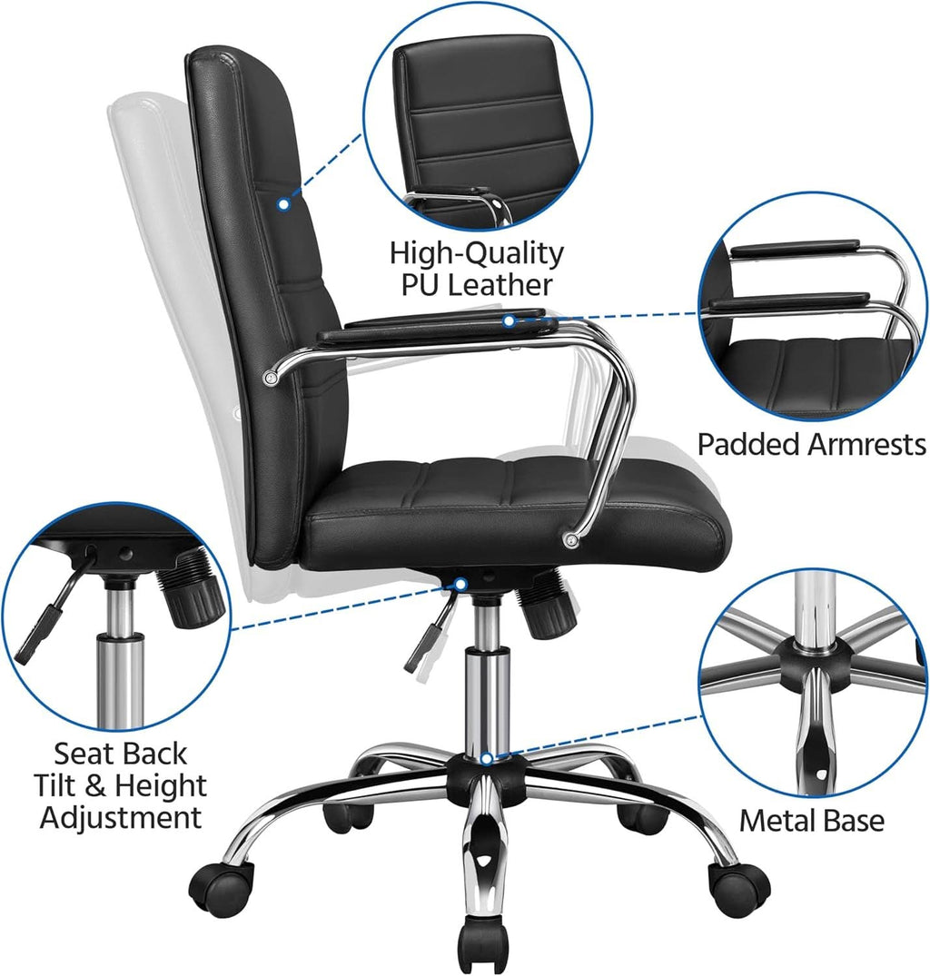 Silla de oficina ergonómica de respaldo medio de cuero sintético negro con soporte lumbar