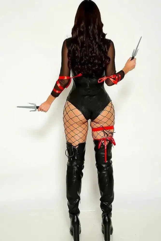 Black Long Sleeve Faux Leather Mesh Ninja 3 Piece Costume