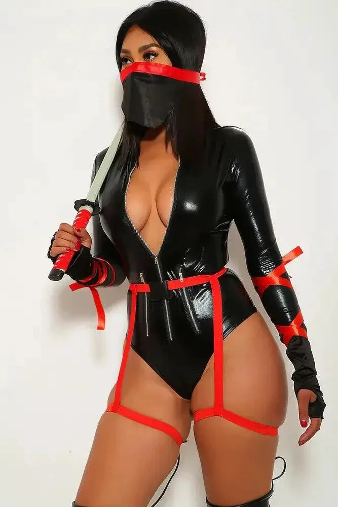 Black Faux Leather Red Ninja 4 Piece Costume