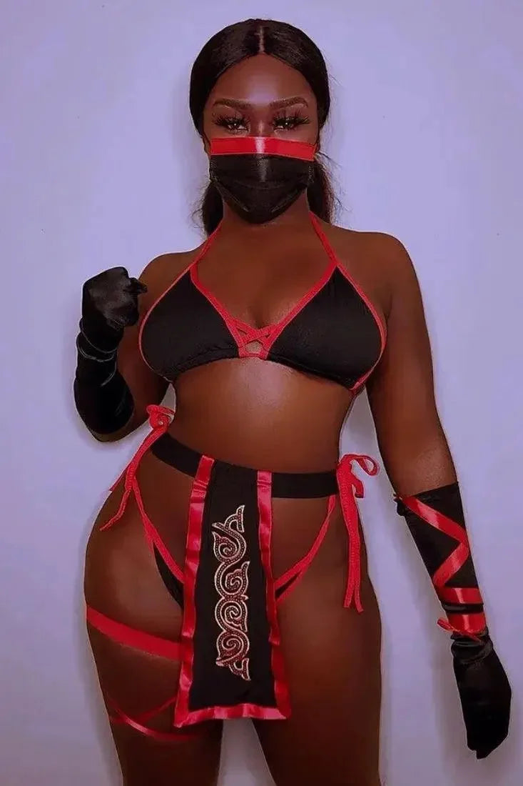 Black Red Sequin Dragon Ninja 5 Piece Costume