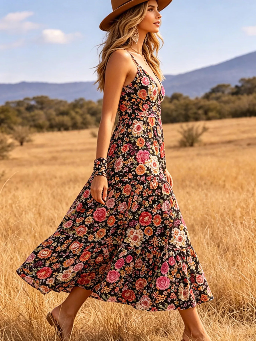 Floral Print V-Neck Midi Dress