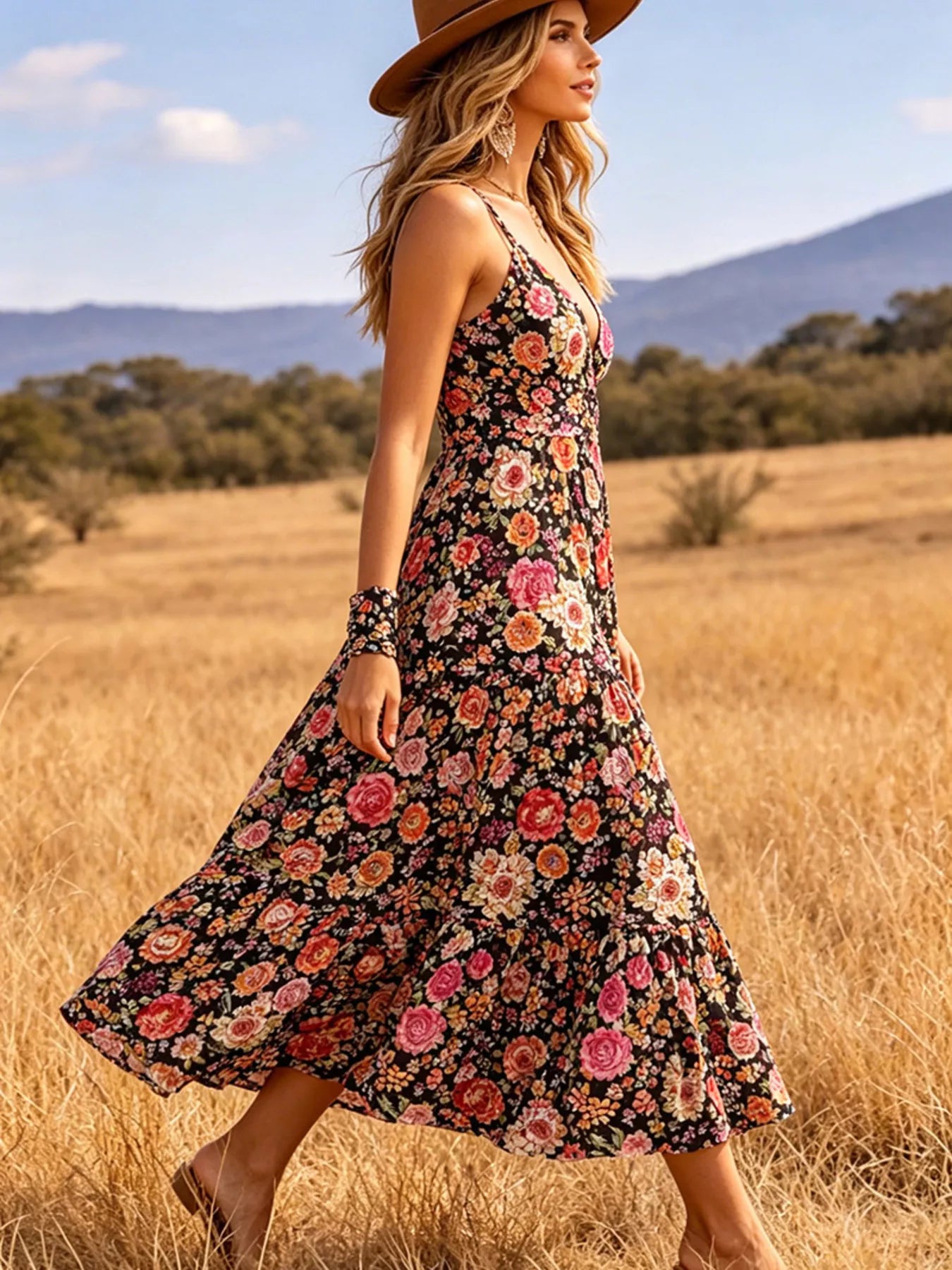 Floral Print V-Neck Midi Dress
