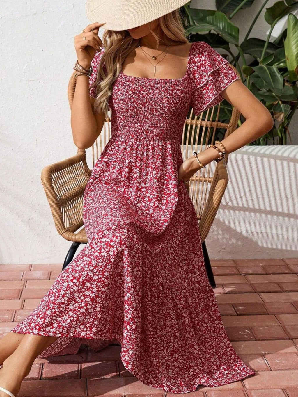 Floral Print Smocked Ruffle Sleeves Dress