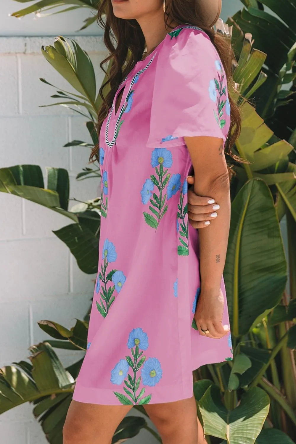 Floral Notched Summer Mini Dress with Striped Trim