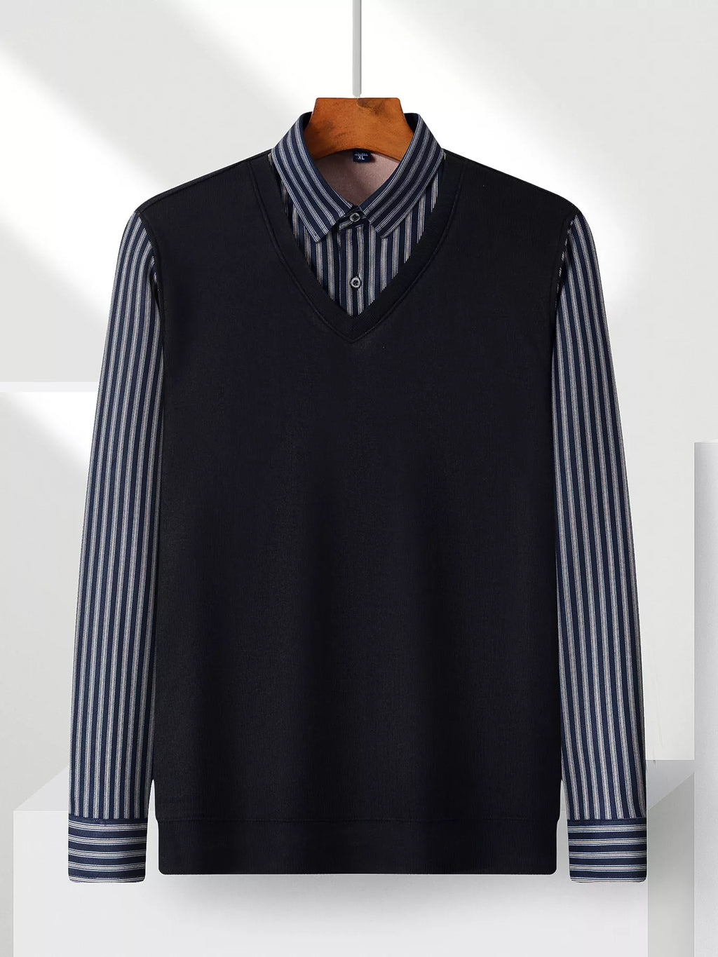 Men's Plus Size Striped Long Sleeve Fake Two-Piece Knit Top