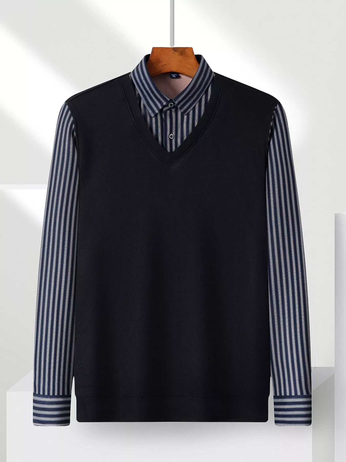 Men's Plus Size Striped Long Sleeve Fake Two-Piece Knit Top