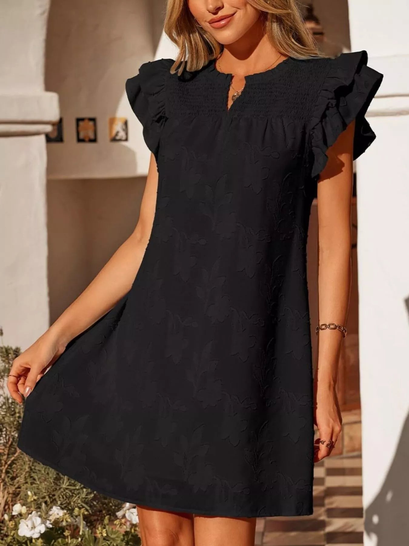Floral Embossed Ruffle Sleeve Mini Dress