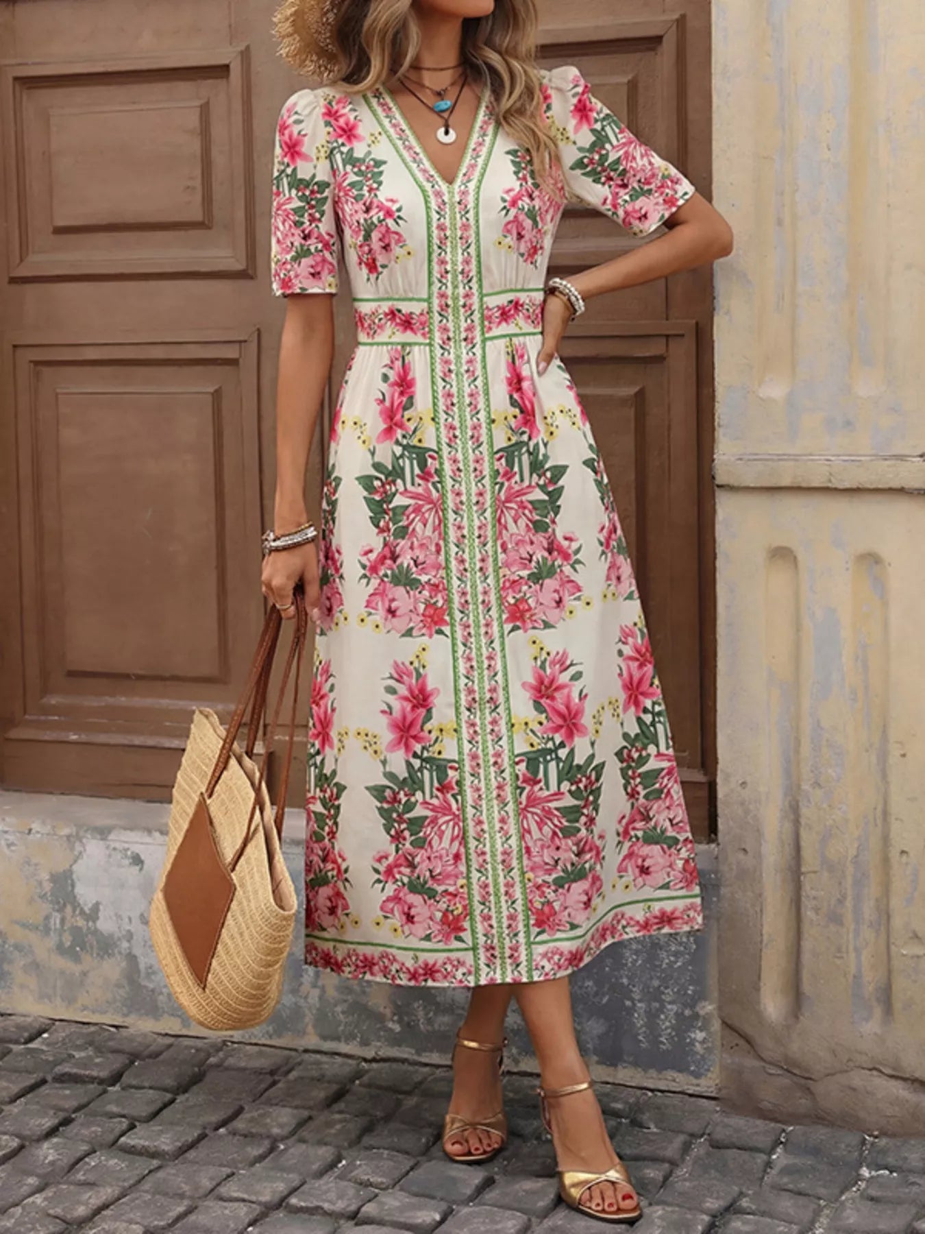 Floral Print V-Neck Midi Dress