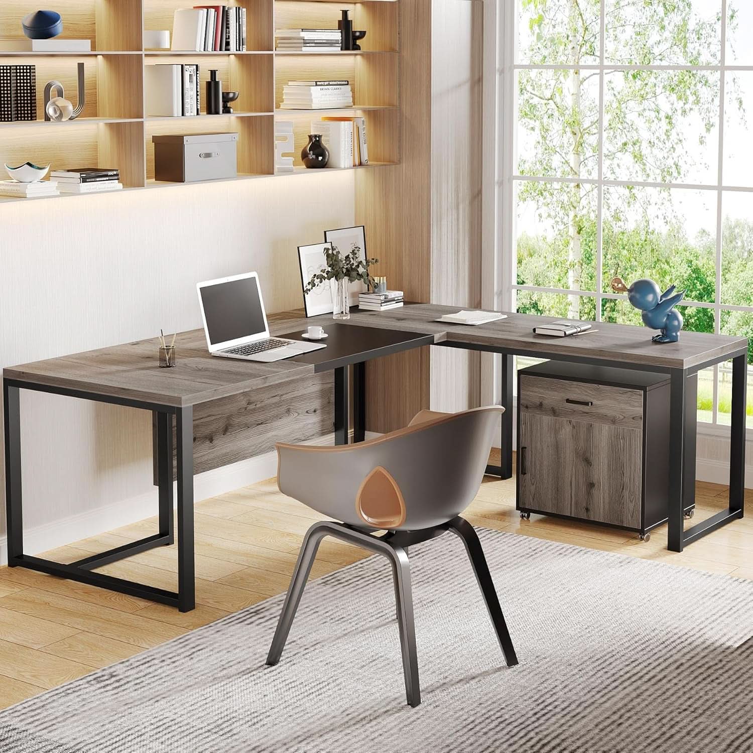 Retro-Gray L-Shaped Executive-Grade Desk File Cabinet