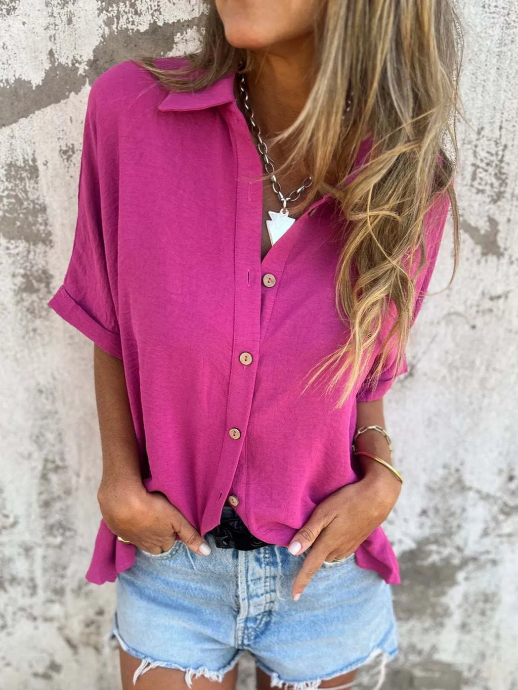 Full Size Collared Neck Half Sleeve Shirt Plus Size