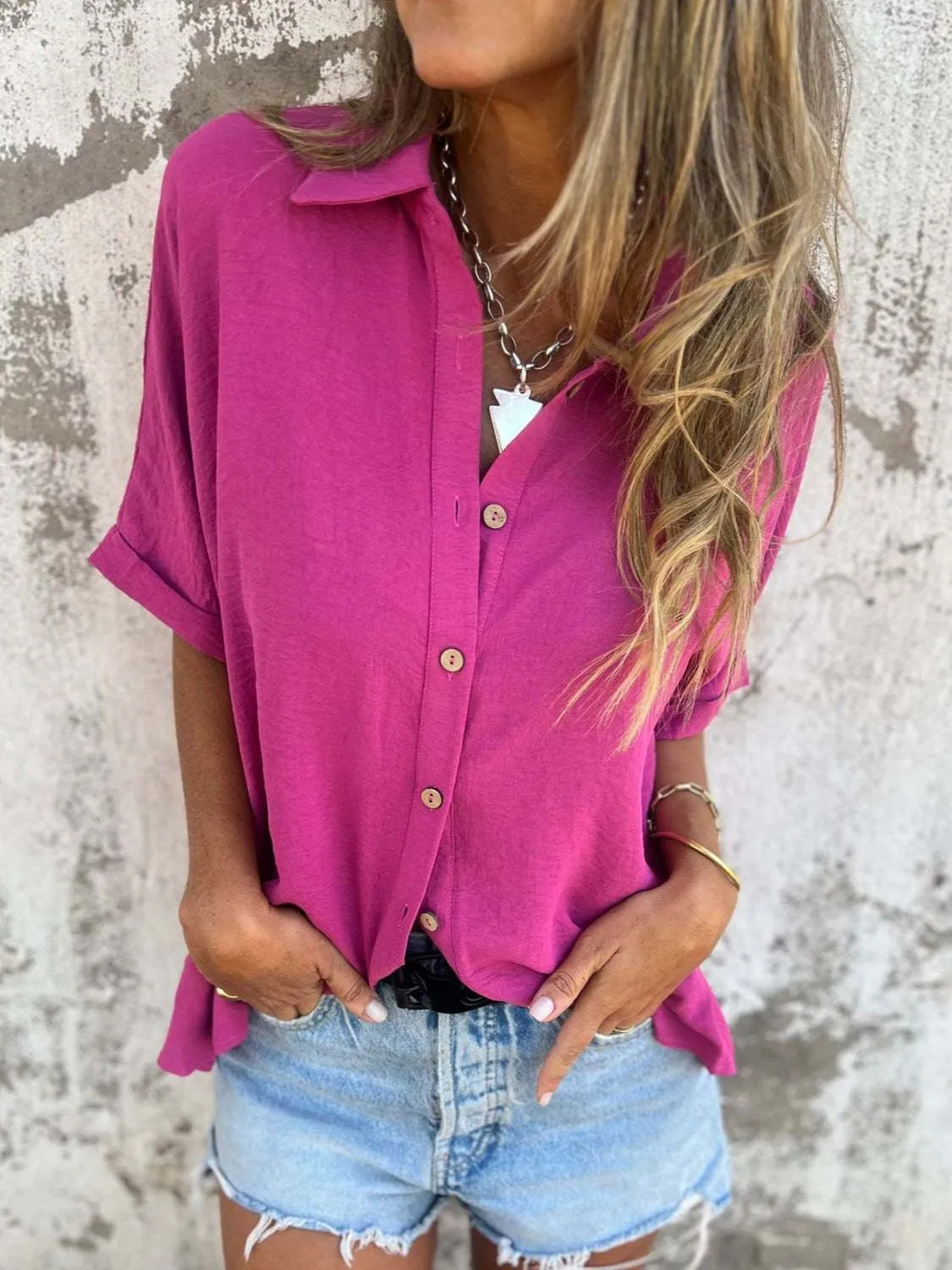 Full Size Collared Neck Half Sleeve Shirt Plus Size