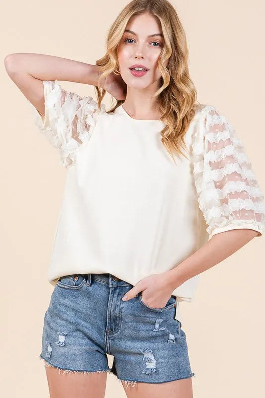 Lime 'N' Chili Full Size Lace Puff Sleeve Round Neck Top Plus Size
