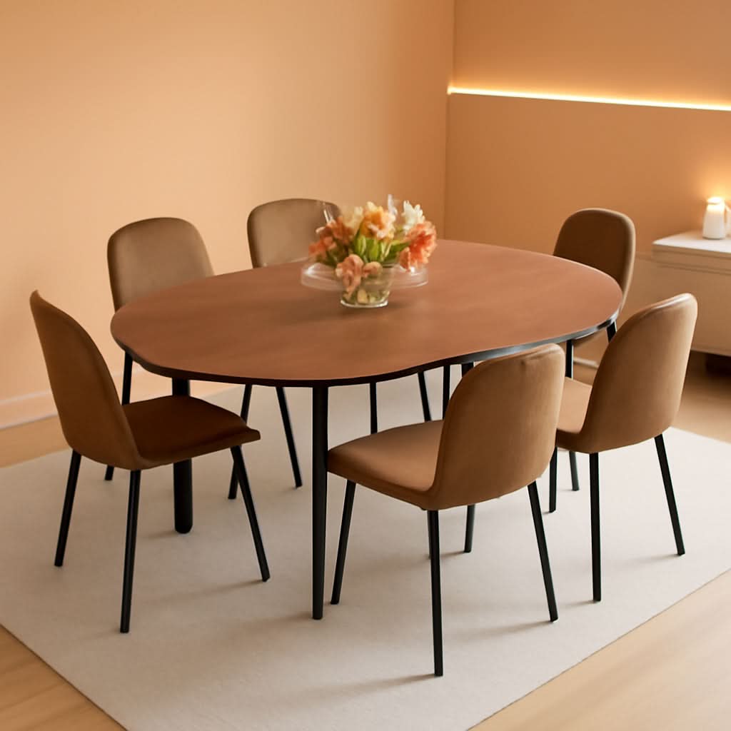 Juego de comedor extensible de nogal con seis sillas tapizadas