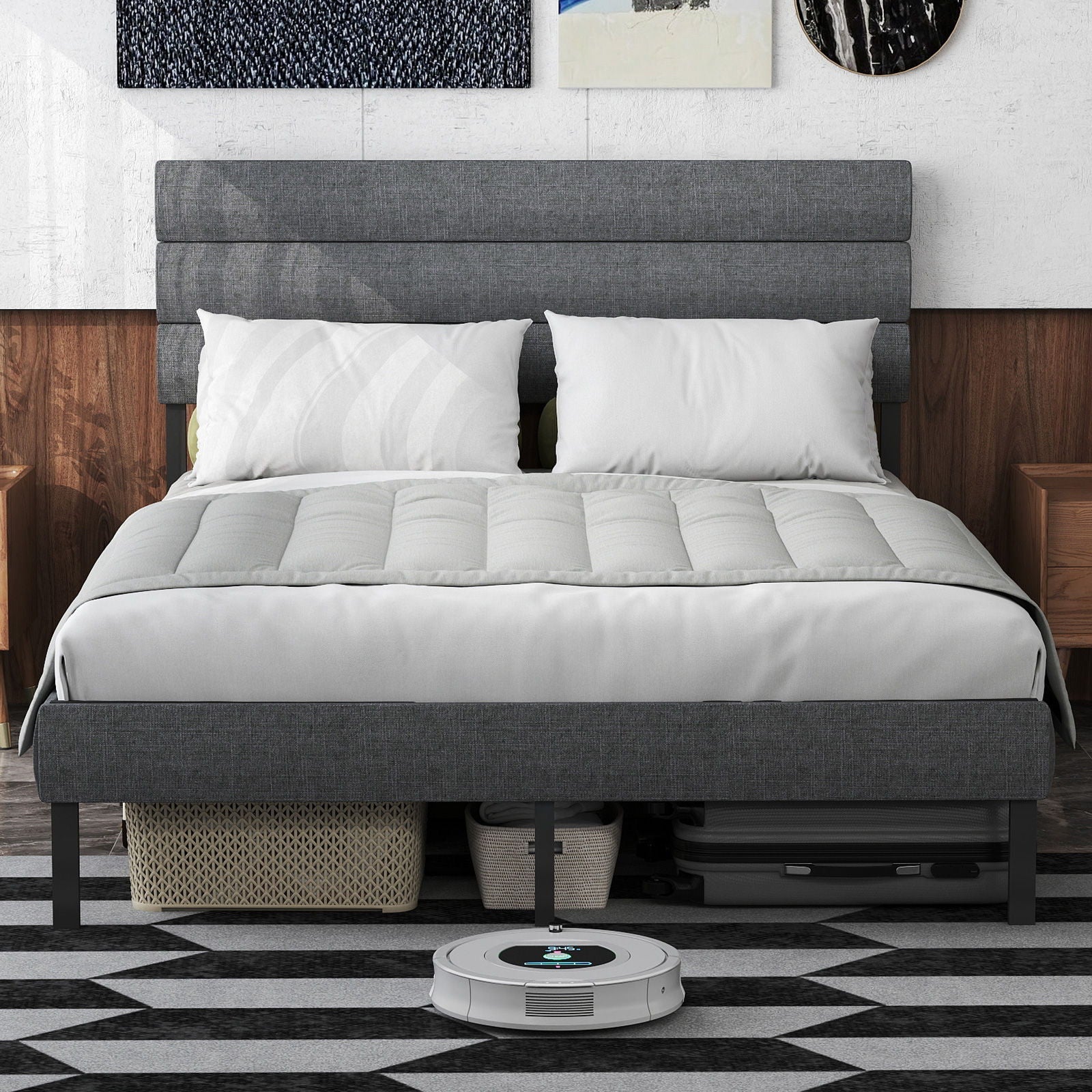 Upholstered Platform Bed Frame With Headboard, No Box Spring Needed, Underbed Storage