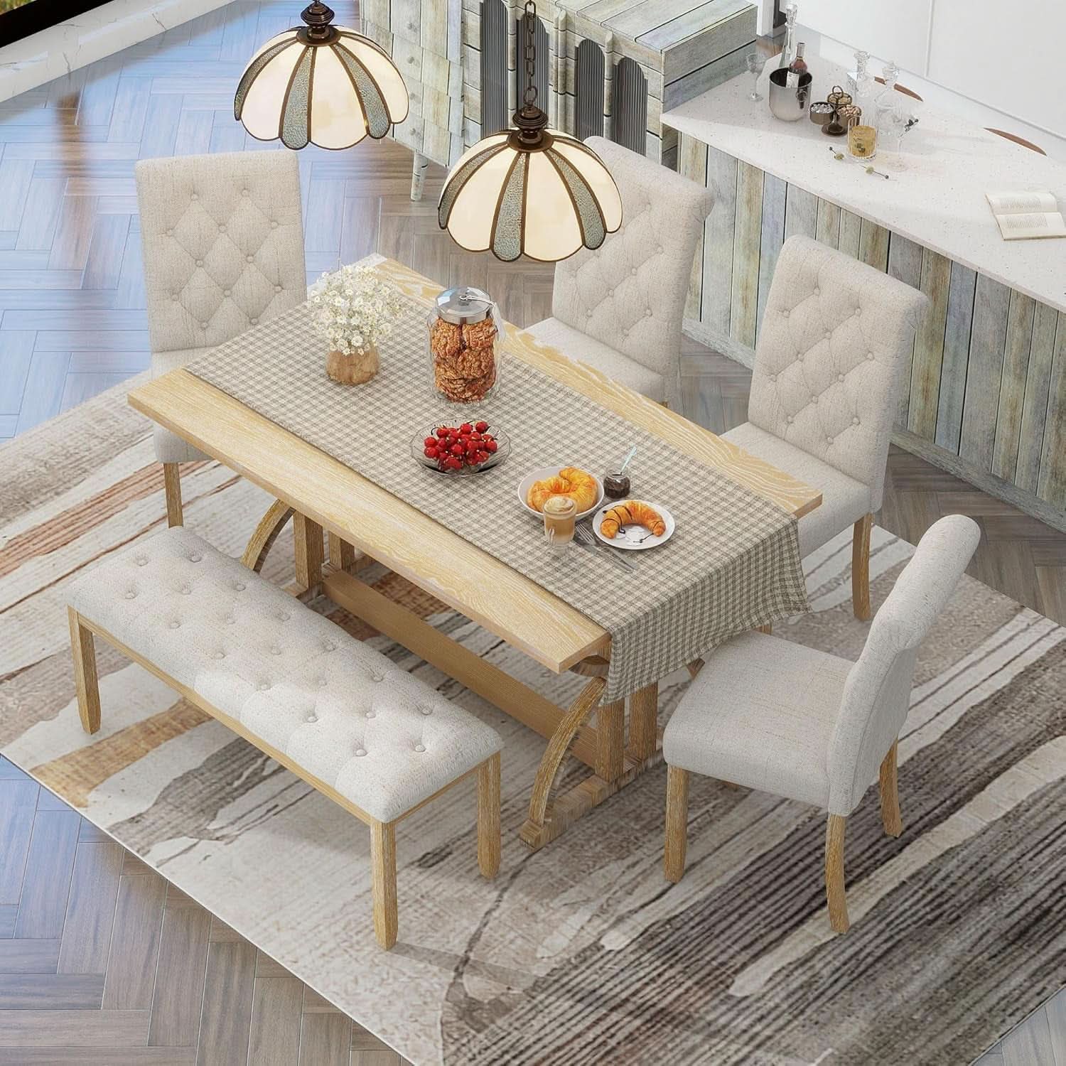 Juego de Comedor Rectangular Industrial de Madera Maciza