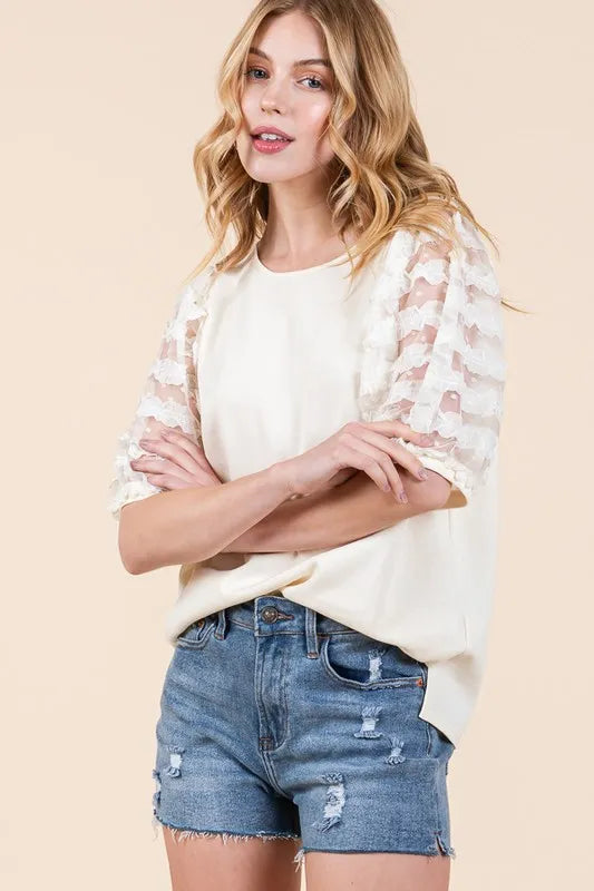 Lime 'N' Chili Full Size Lace Puff Sleeve Round Neck Top Plus Size