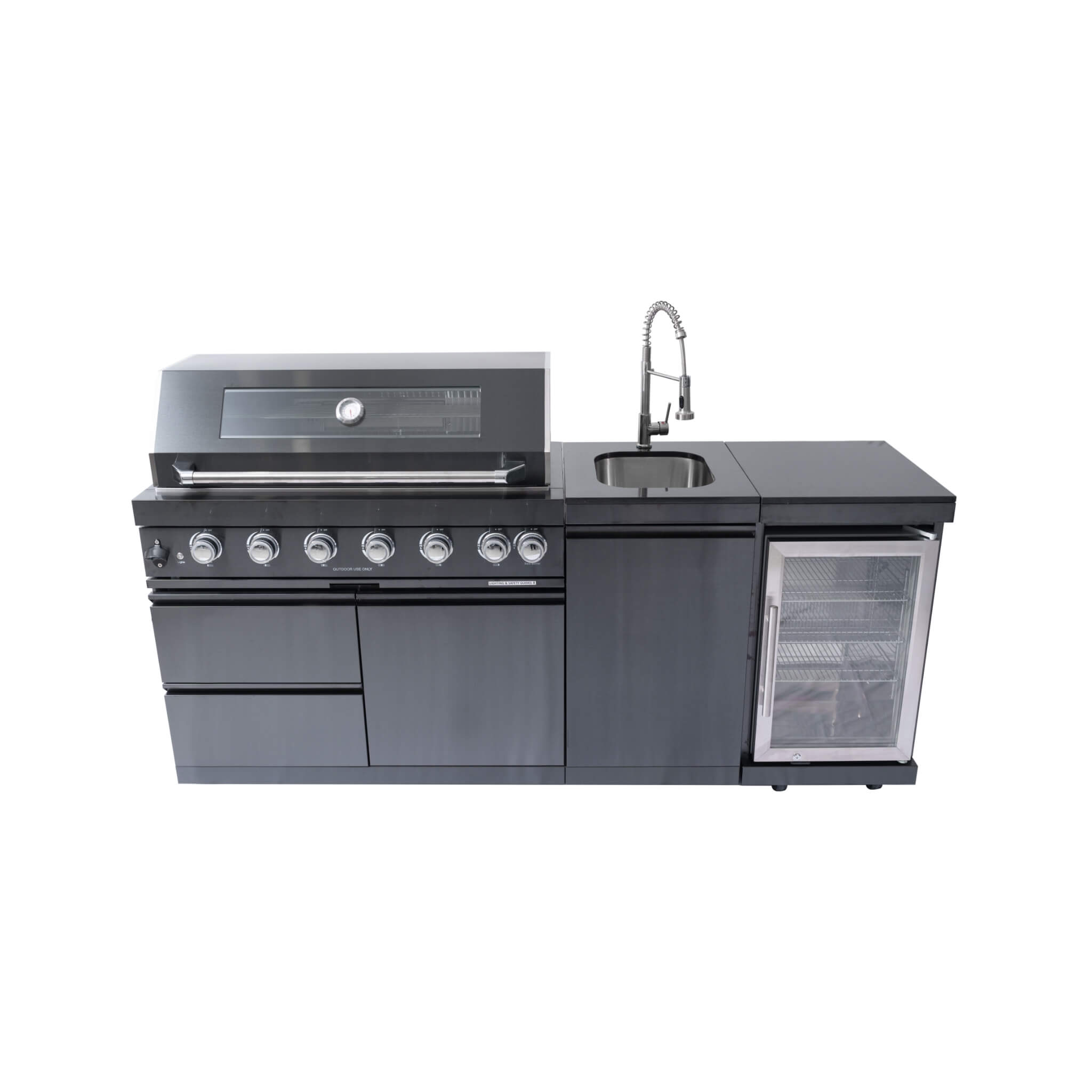 Castelle Flame Avalon Isla de Cocina para Barbacoa de Exterior de 43 Pulgadas, 6 Quemadores y 85K BTU con Refrigerador de Vinos, Kit de Asador Giratorio y Fregadero (SAK23864)