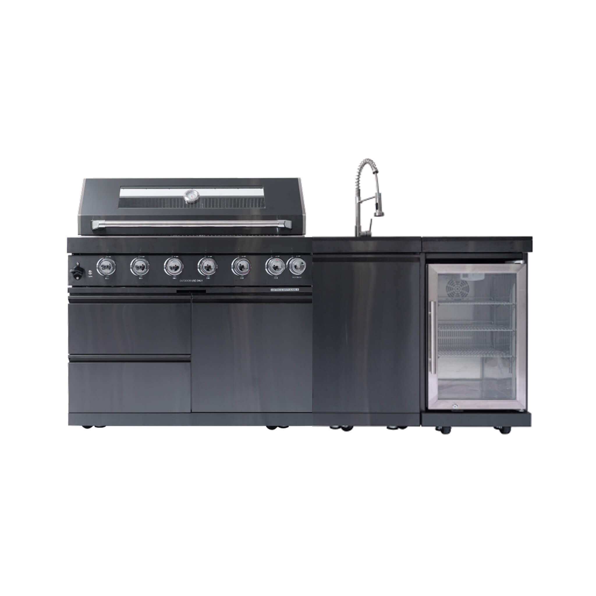 Castelle Flame Avalon Isla de Cocina para Barbacoa de Exterior de 43 Pulgadas, 6 Quemadores y 85K BTU con Refrigerador de Vinos, Kit de Asador Giratorio y Fregadero (SAK23864)