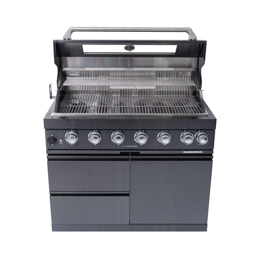 Isla de cocina con parrilla de propano líquido de 6 quemadores de acero inoxidable negro prémium Castelle Flame Inferno con kit de asador (SAK82641)