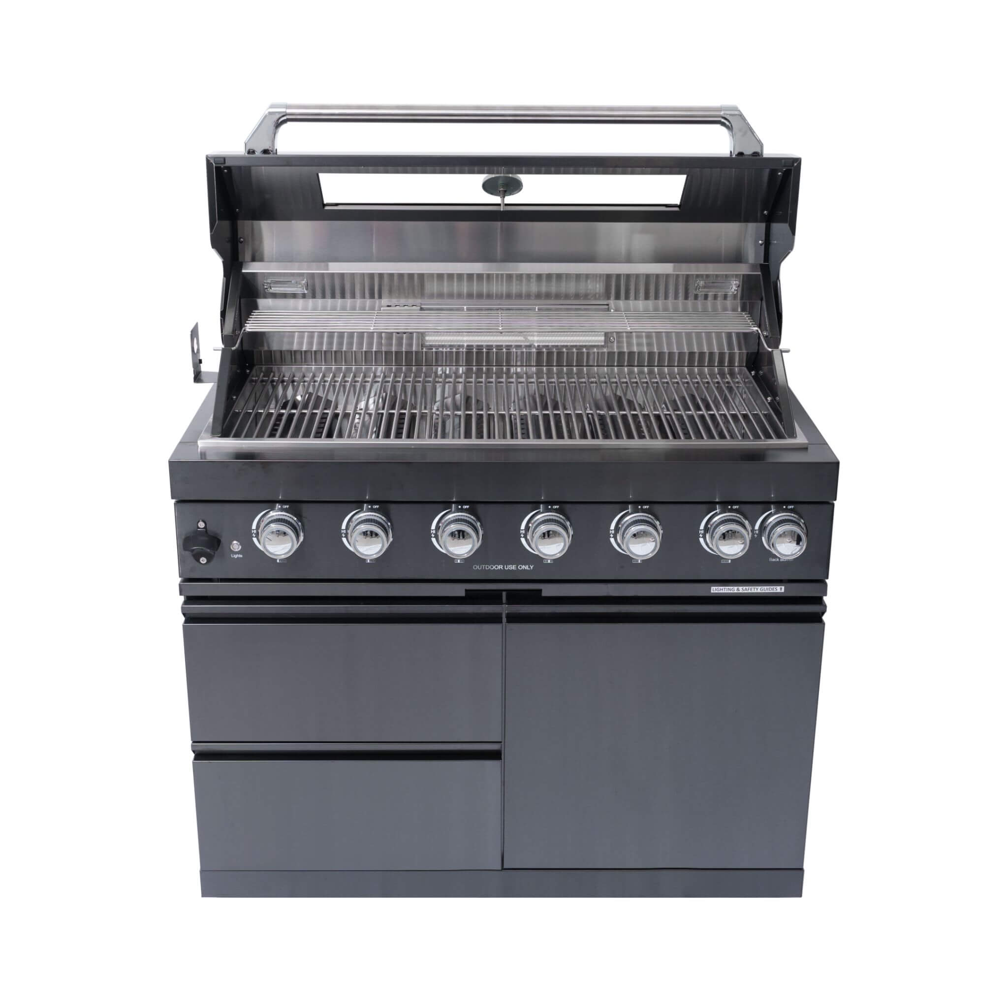 Isla de cocina con parrilla de propano líquido de 6 quemadores de acero inoxidable negro prémium Castelle Flame Inferno con kit de asador (SAK82641)
