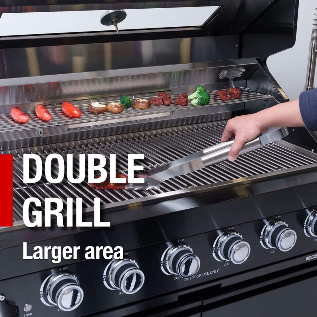 Isla de cocina con parrilla de propano líquido de 6 quemadores de acero inoxidable negro prémium Castelle Flame Inferno con kit de asador (SAK82641)