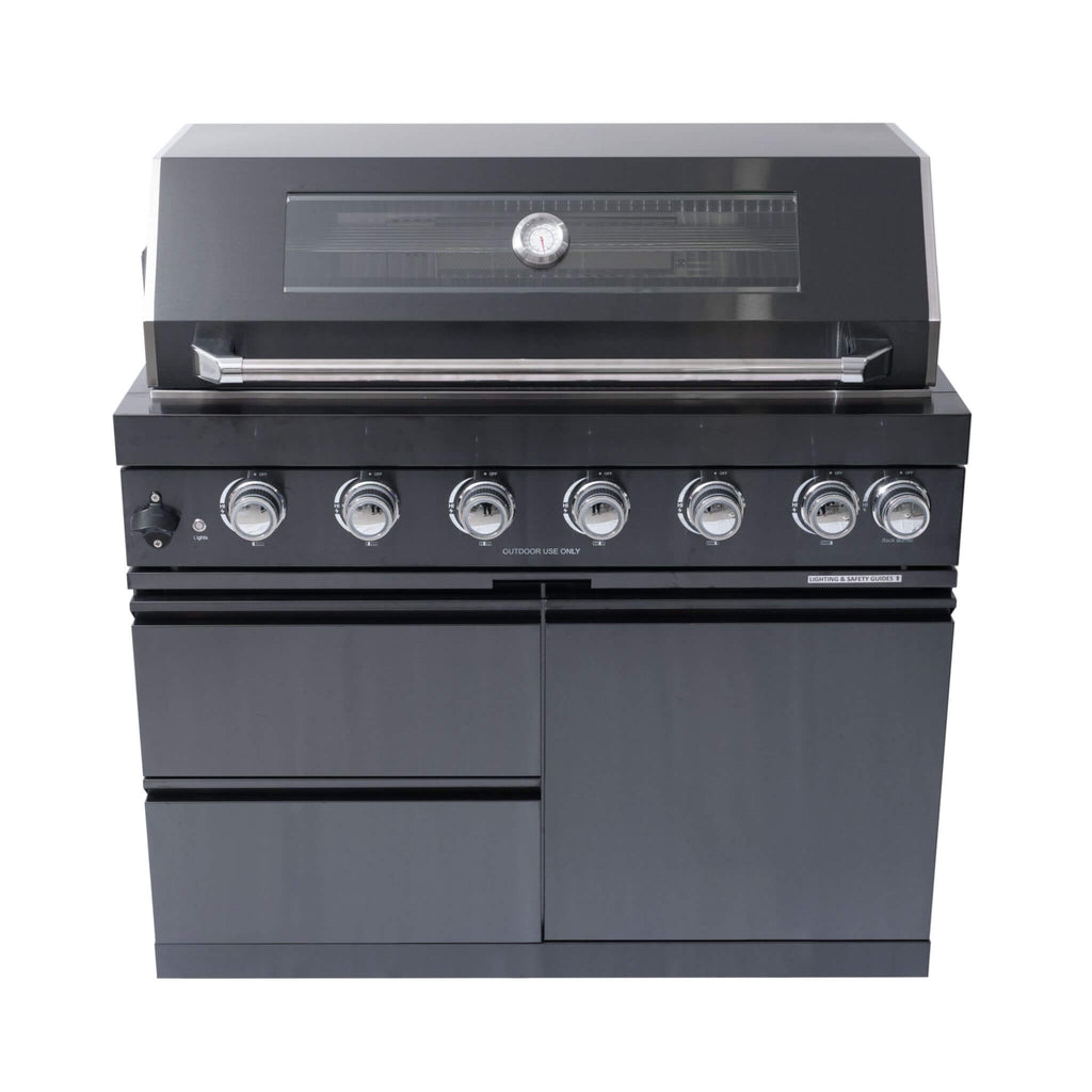 Isla de cocina con parrilla de propano líquido de 6 quemadores de acero inoxidable negro prémium Castelle Flame Inferno con kit de asador (SAK82641)