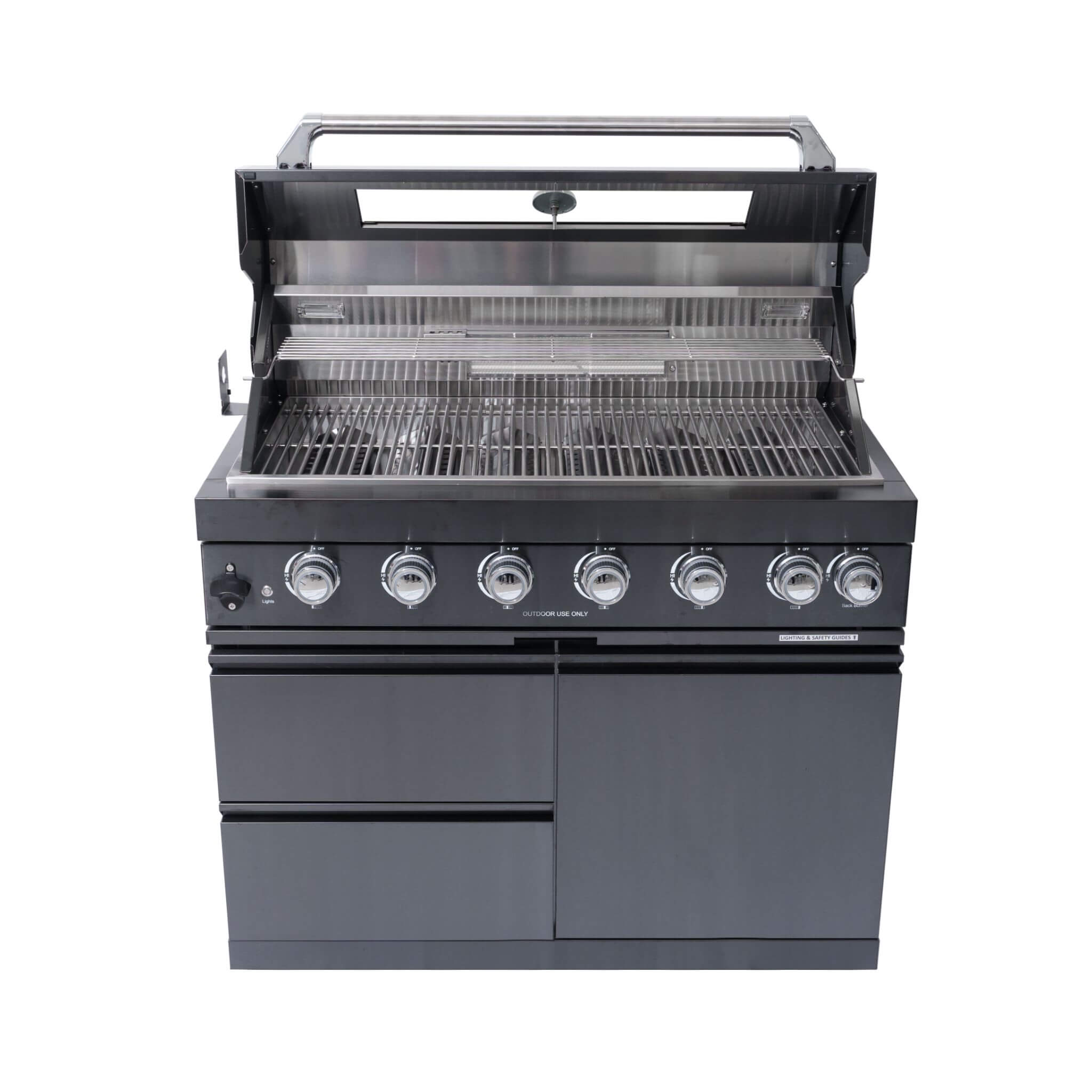 Isla de cocina con parrilla de propano líquido de 6 quemadores de acero inoxidable negro prémium Castelle Flame Inferno con kit de asador (SAK82641)