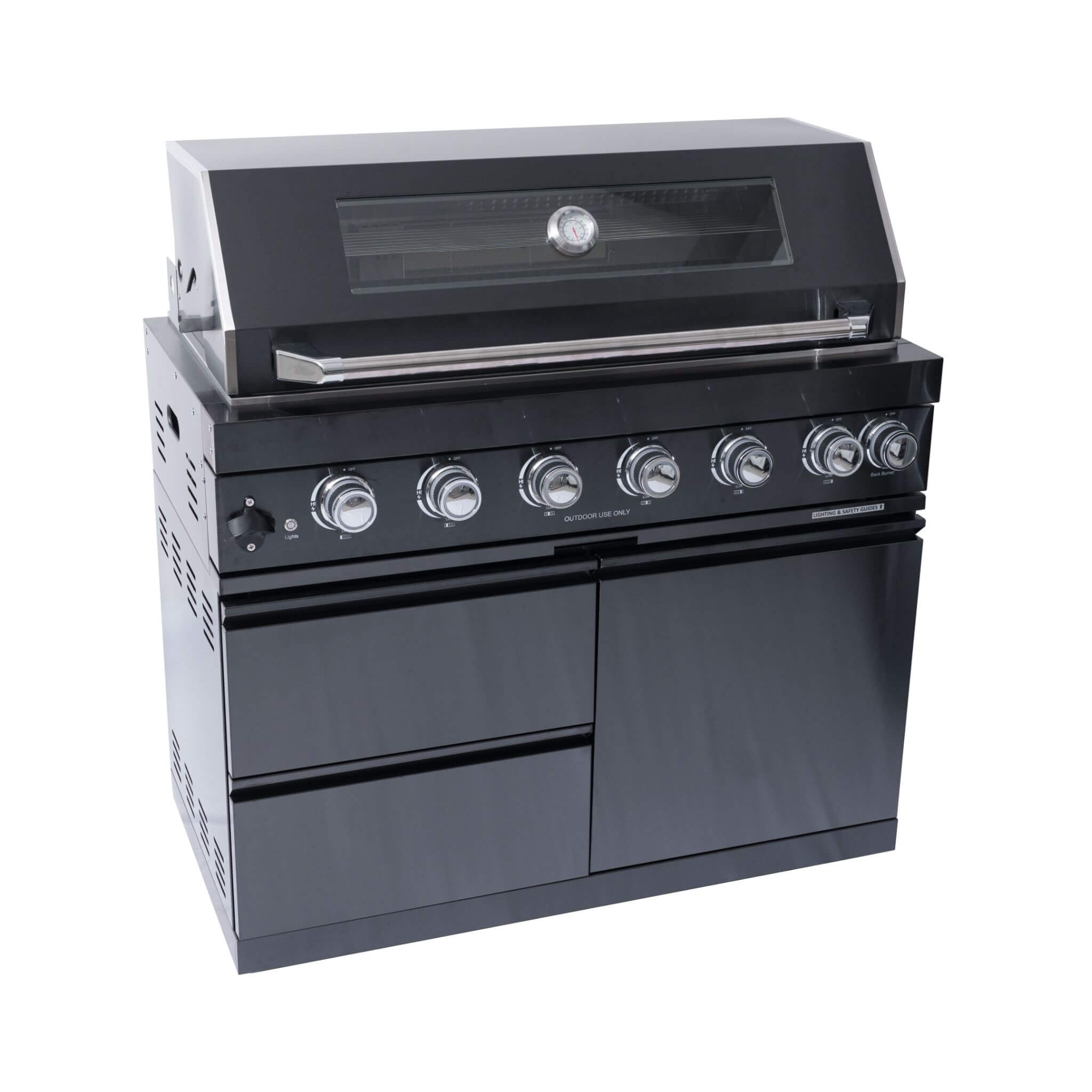 Isla de cocina con parrilla de propano líquido de 6 quemadores de acero inoxidable negro prémium Castelle Flame Inferno con kit de asador (SAK82641)