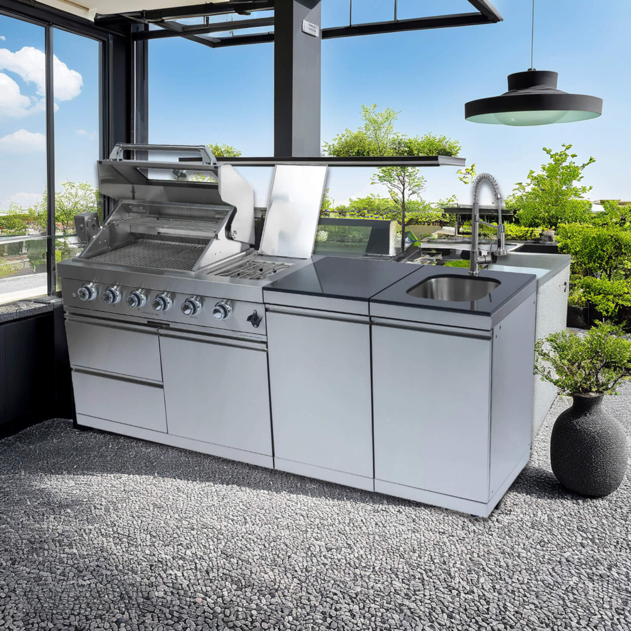 Isla de cocina para barbacoa exterior Castelle Flame Aurelia de acero inoxidable de 46 pulgadas y 4 quemadores con 72 000 BTU, parrilla de 46 pulgadas y 4 quemadores con 85 000 BTU, kit de asador y gabinetes (SAK93192)