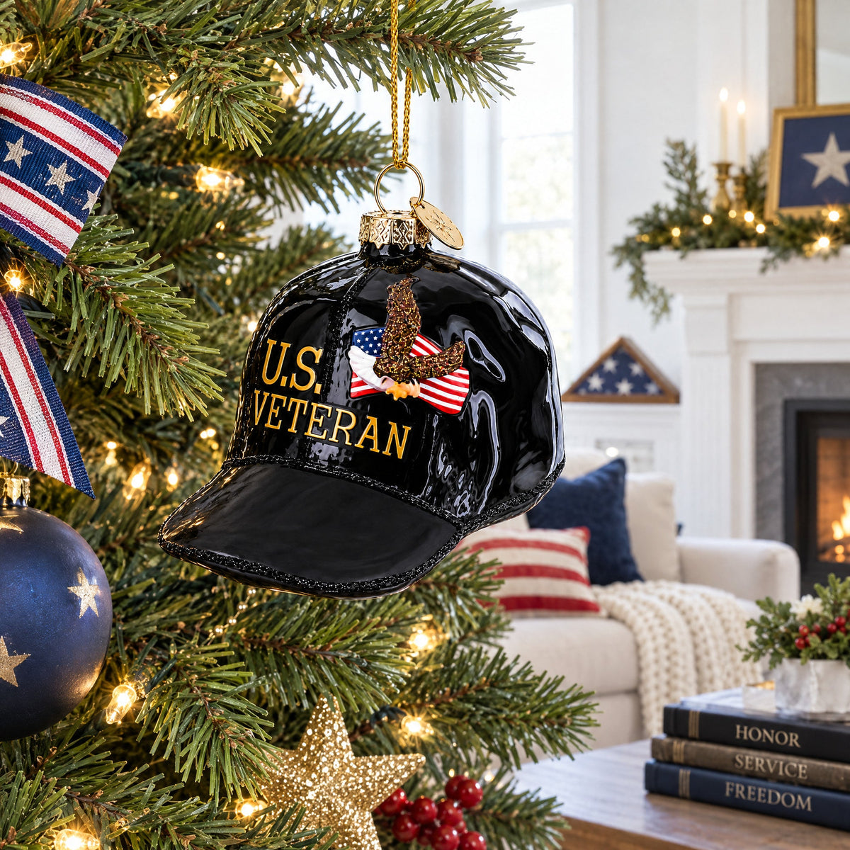 U.S. Veteran Honor Cap Glass Christmas Ornament