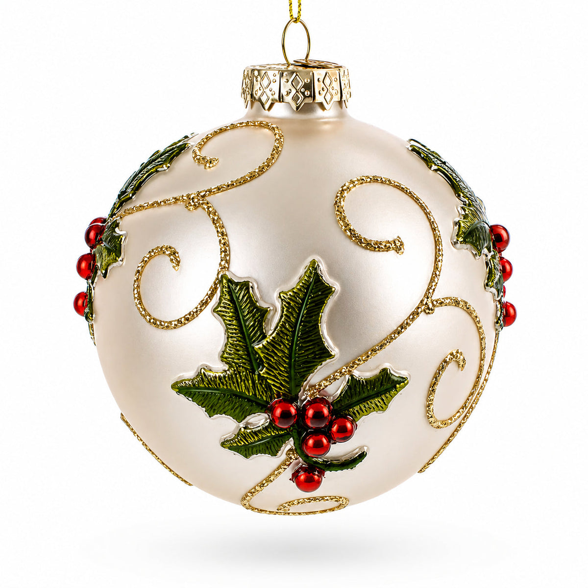 Ivory with Holly Leaves and Red Berries Glass Ball Christmas Ornament