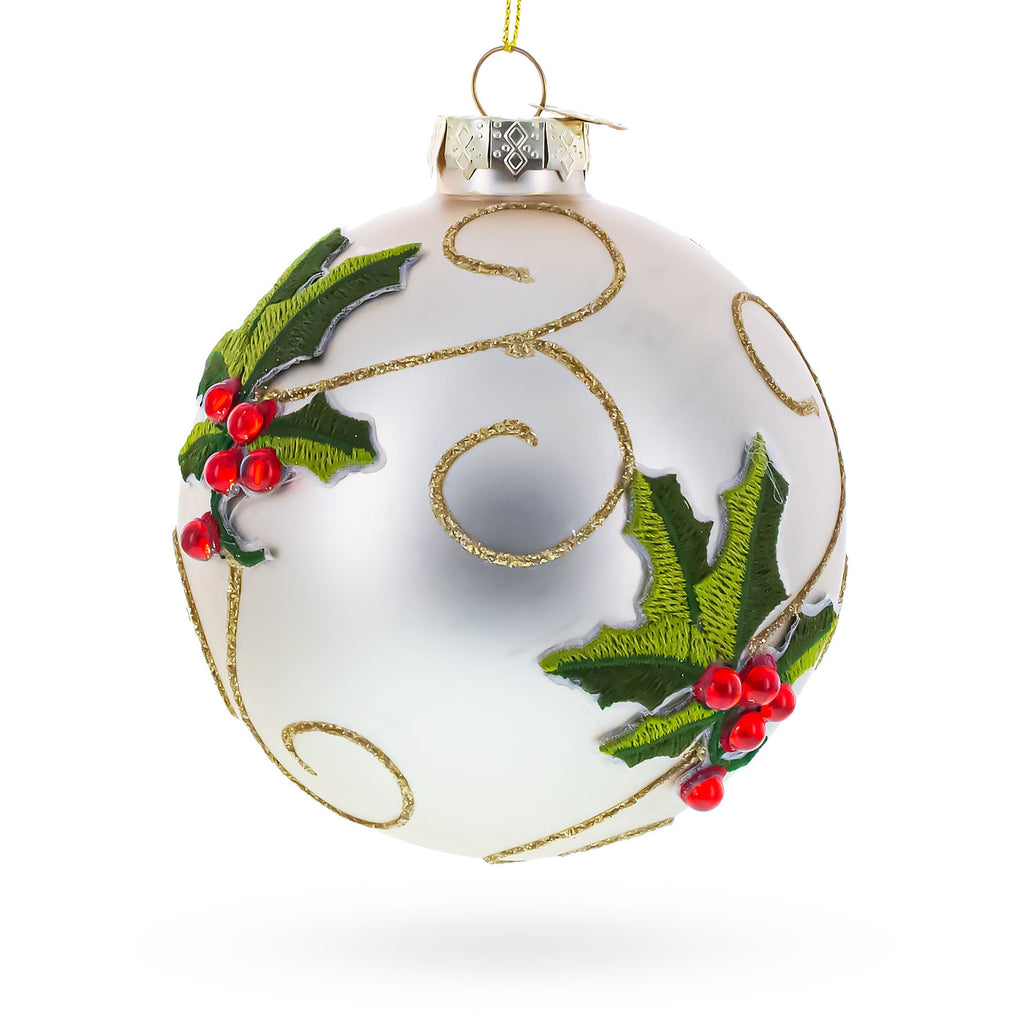 Ivory with Holly Leaves and Red Berries Glass Ball Christmas Ornament