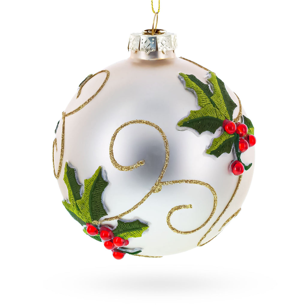 Ivory with Holly Leaves and Red Berries Glass Ball Christmas Ornament