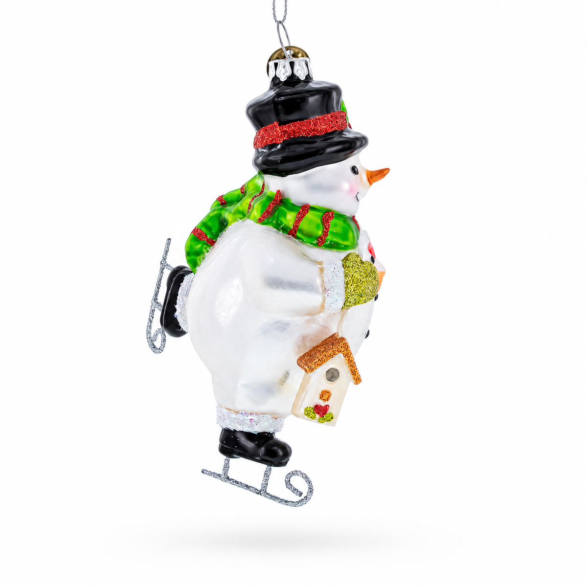 Ice Skating Snowman with Birdhouse Glass Christmas Ornament