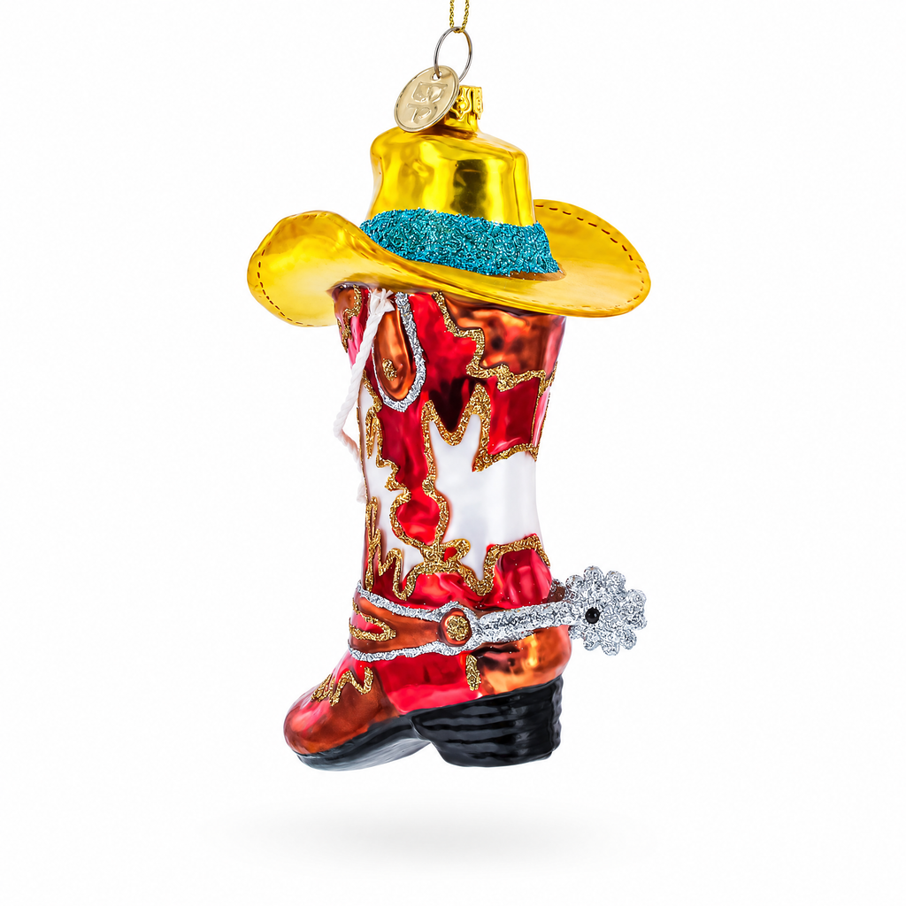 Western Cowboy Boot with Hat and Spur Glass Christmas Ornament