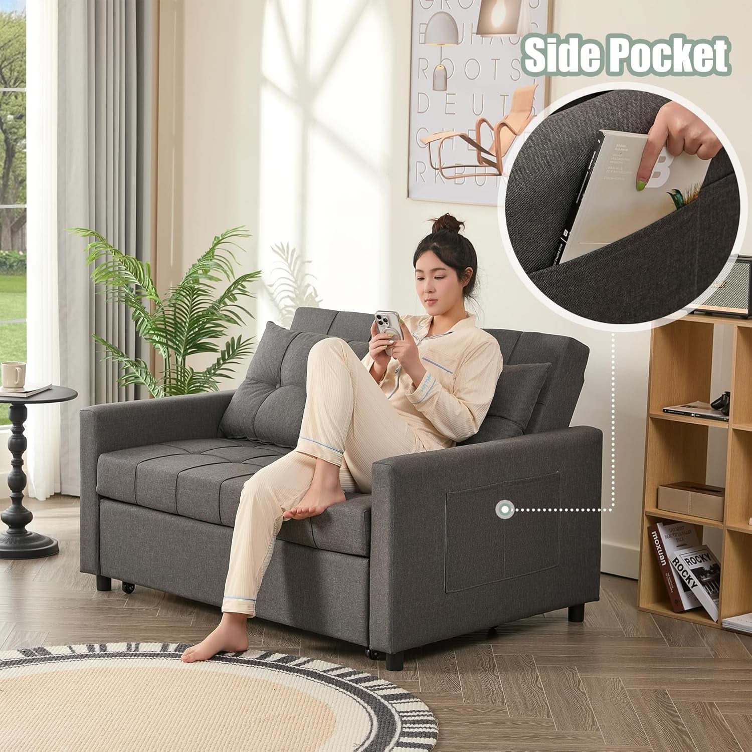 Sofá cama de 52 pulgadas con cama extraíble, tapizado en tela gris