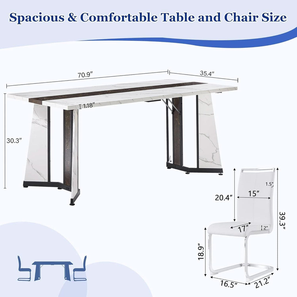 Juego de comedor para seis personas, mesa con tope de mármol blanco de 71 pulgadas y sillas de cuero