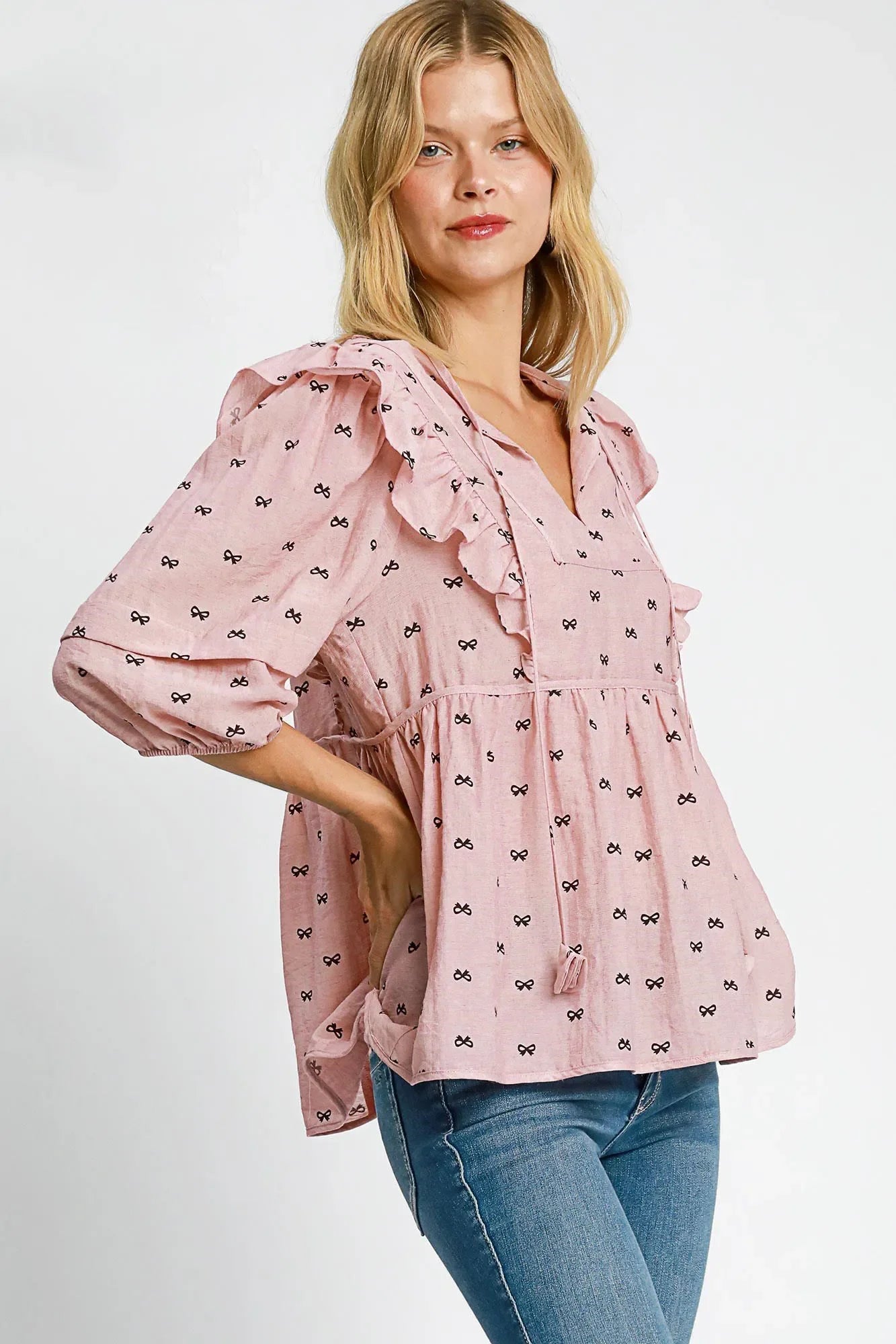 Umgee Full Size Ruffled Bow Print Tie Neck Peplum Blouse Plus Size