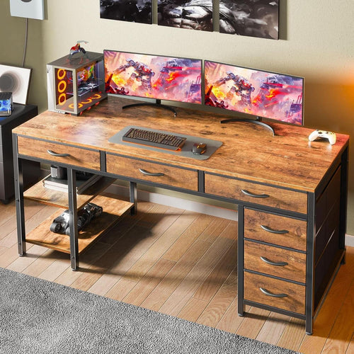 54 Inch Corner Computer Desk With 6 Drawers And Shelves Rustic Brown