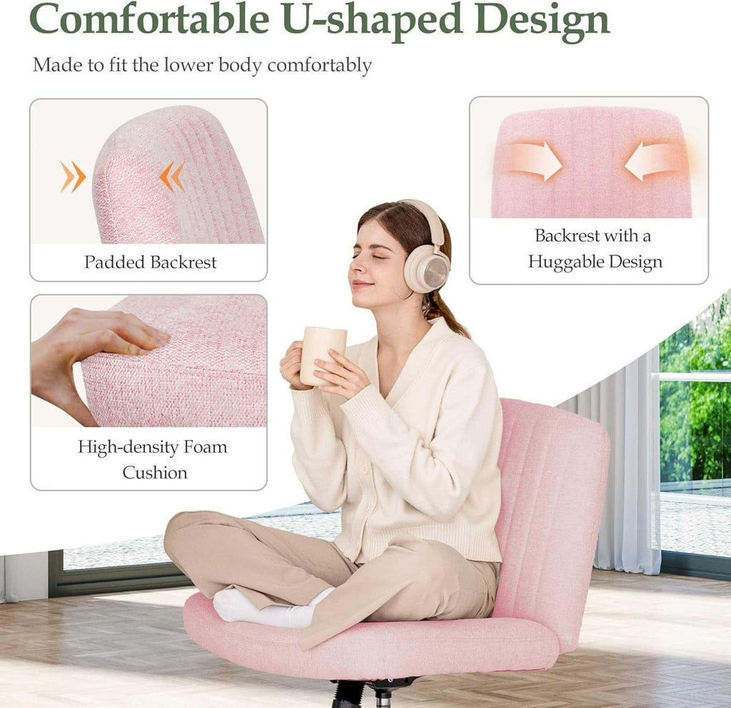 Silla de oficina rosa con ruedas, sin brazos, giratoria, con diseño entrecruzado
