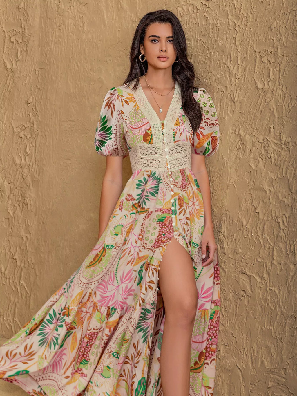 Lace Trim Floral Print Puff Sleeve Dress