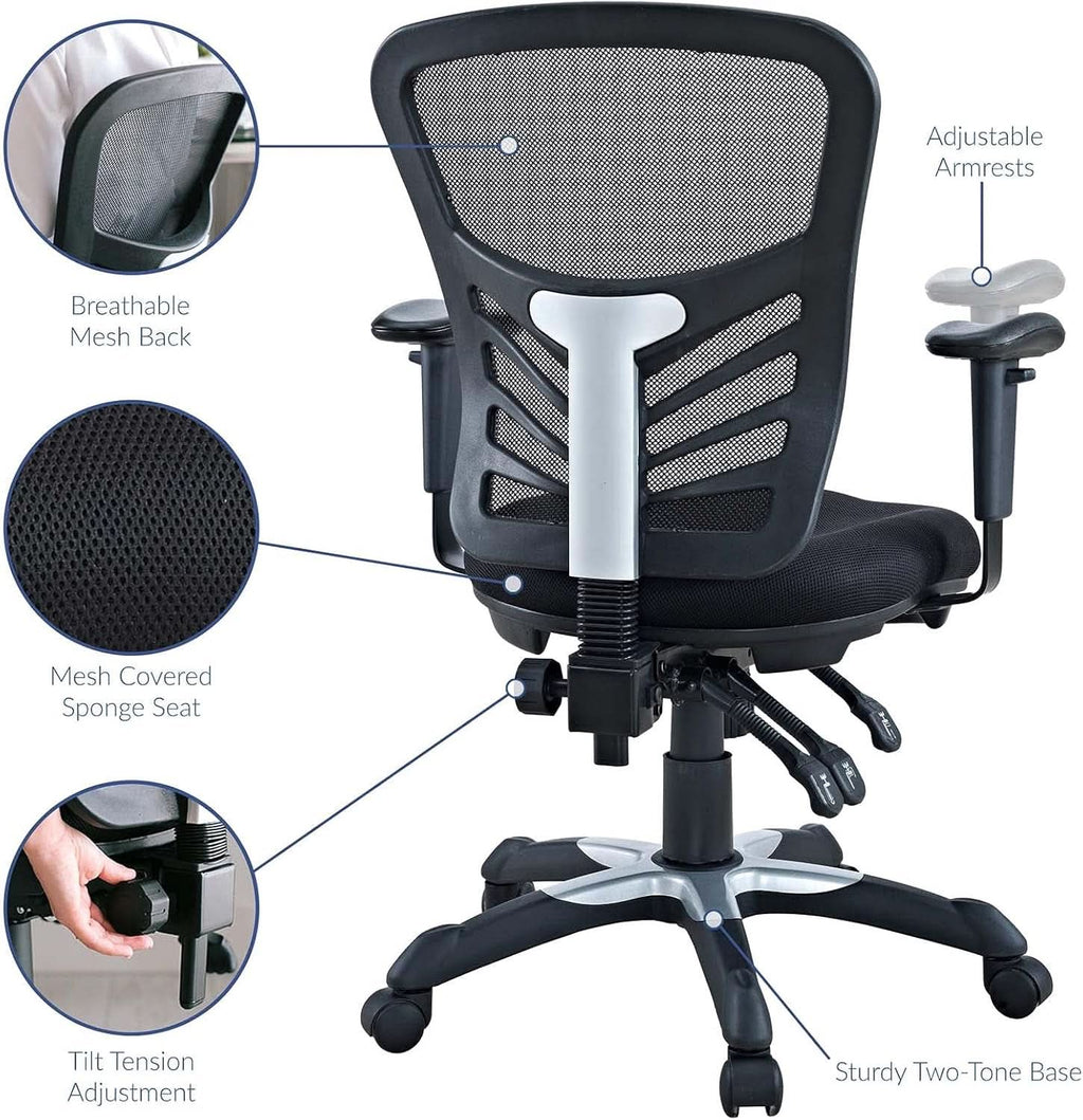 Silla de oficina ergonómica de malla articulada, color negro, con soporte lumbar