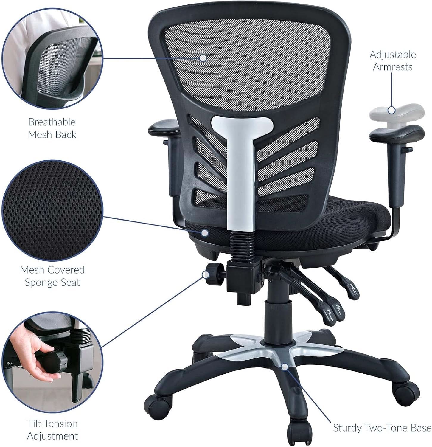 Silla de oficina ergonómica de malla articulada, color negro, con soporte lumbar
