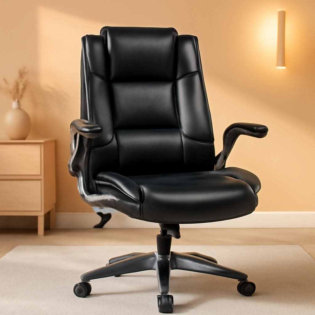 Sillón ejecutivo de oficina de piel regenerada con respaldo alto, color negro